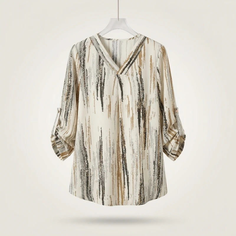 Plus Size 1XL-5XL Women's Casual New Casual V-neck Printed Fashionable Curved Hem Rolled Sleeve Shirt