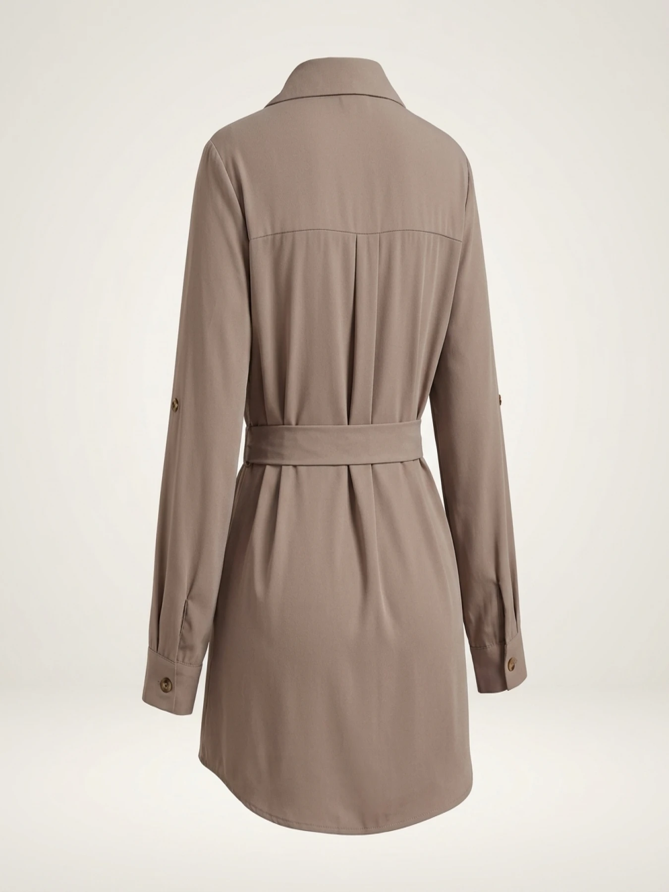 Plus Size Solid Belted Button Front Shirt, Elegant Curved Hem Long Sleeve Shirt For Spring & Fall, Women's Plus Size Clothing - Image 3