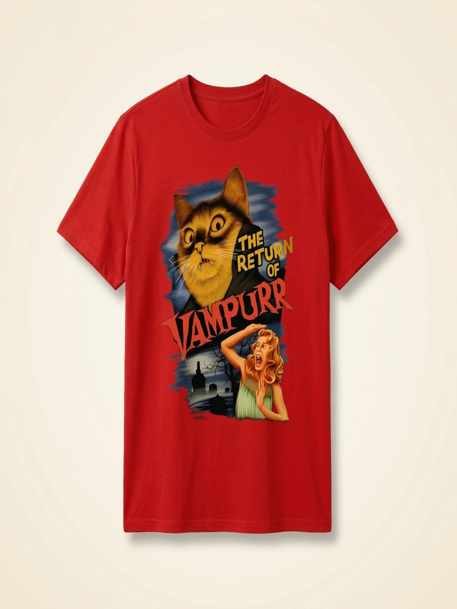Plus Size Tops Women Clothes Summer Casual Short Sleeve Crew Neck “THE RETURN OF VAMPURR” Cat Vampire Poster Print T-Shirt - Image 4