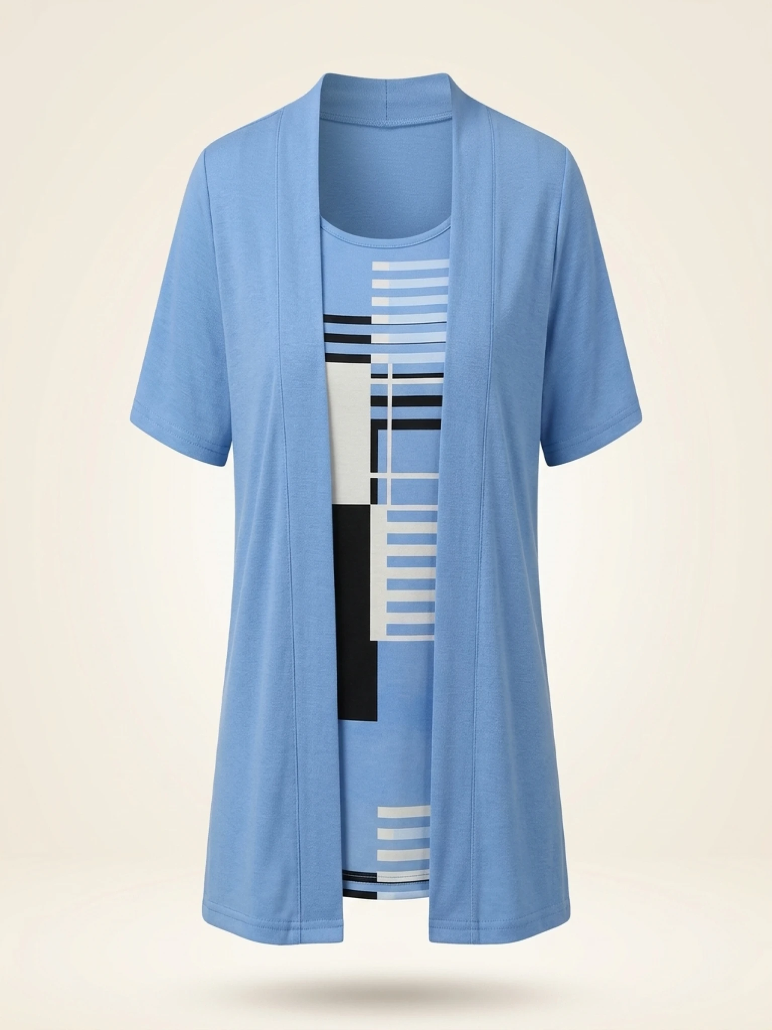 Elegant Geometric Print Mock Two-Piece T-Shirt | Plus Size Womens Summer Casual Top | Fashion Patchwork Design