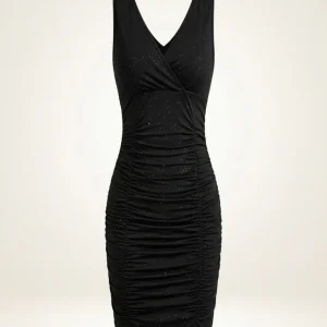 Plus Size Women's 2025 Summer New Deep Ruffle Neckline Fitted Dress Sequins V-Neck Hip Sleeveless Elegant