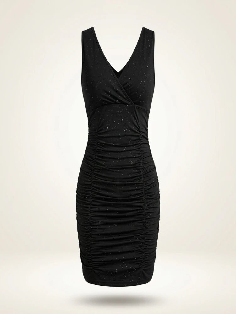 Plus Size Women's 2025 Summer New Deep Ruffle Neckline Fitted Dress Sequins V-Neck Hip Sleeveless Elegant