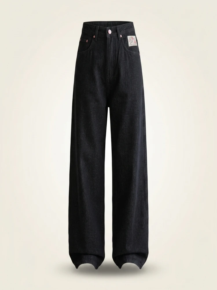 High Waist Embroidered Letter Print Denim Pants Women's Spring New Sle Cool Sexy Long Trousers Casual Wide Leg Jeans