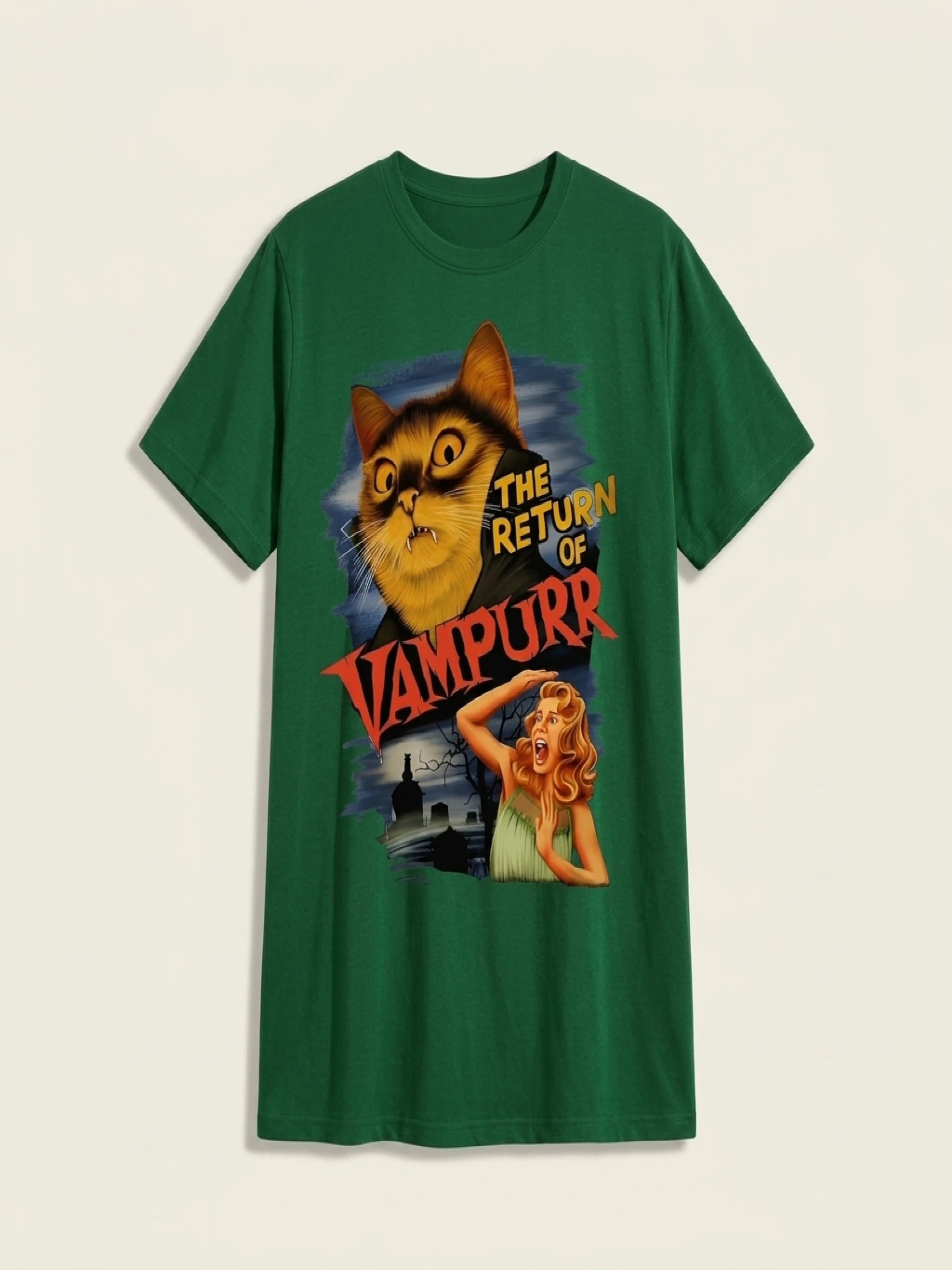 Plus Size Tops Women Clothes Summer Casual Short Sleeve Crew Neck “THE RETURN OF VAMPURR” Cat Vampire Poster Print T-Shirt - Image 3