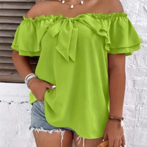 Plus Size Summer Vacation Shirt for Women Casual Solid Curve Clothing Cute Bownot Shoulderless Tops