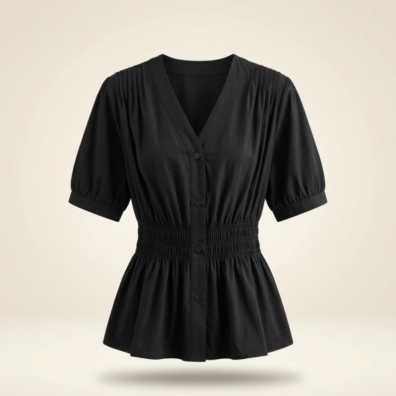 200 Pounds Plus Size Elastic Waist Summer Shirt And Blouse Short Sleeve Solid Top Women's New In Clothes Simple V-neck French - Image 2