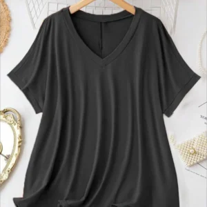 New Plus Size European and American Women's Casual V-neck Solid Color T-shirt