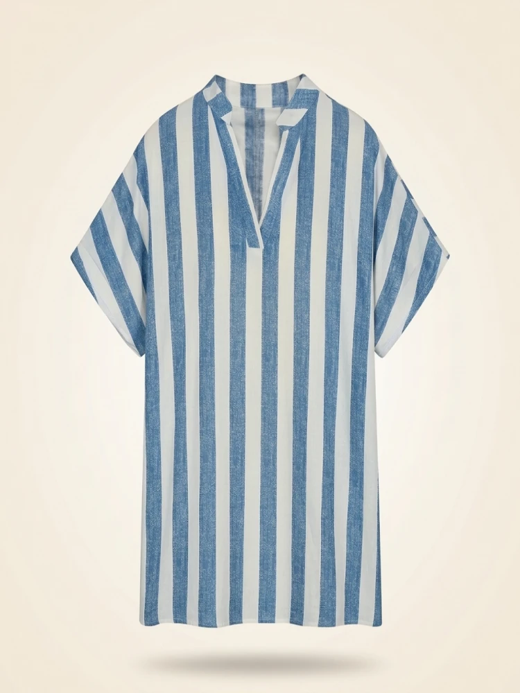 Plus Size 2024 Summer New Women's Striped Pullover T-Shirt V-Neck Short Sleeve Casual Tops Polyester
