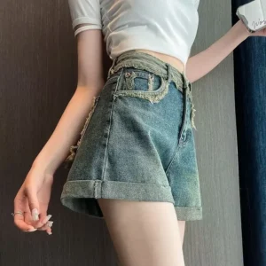 2024 Summer New Style Spicy Girl Fashion Denim Shorts Women's Casual Bell Bottoms Curved Edge Fringe Back Pocket Sexy Hot Pants