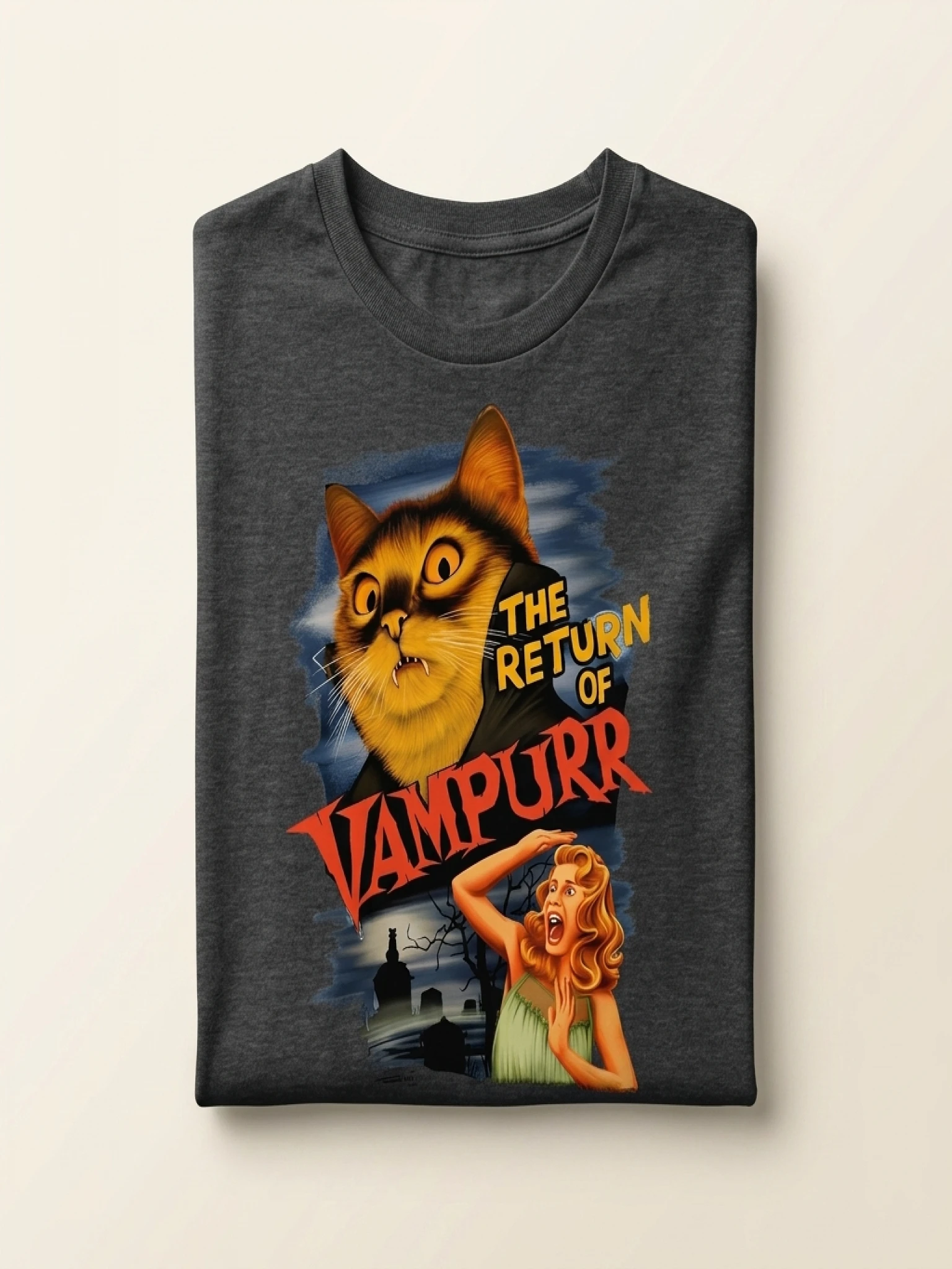 Plus Size Tops Women Clothes Summer Casual Short Sleeve Crew Neck “THE RETURN OF VAMPURR” Cat Vampire Poster Print T-Shirt - Image 5