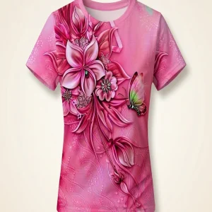 Plus Size Casual T-shirt Women's Plus Floral Print Short Sleeve Round Neck Slight Stretch T-shirt