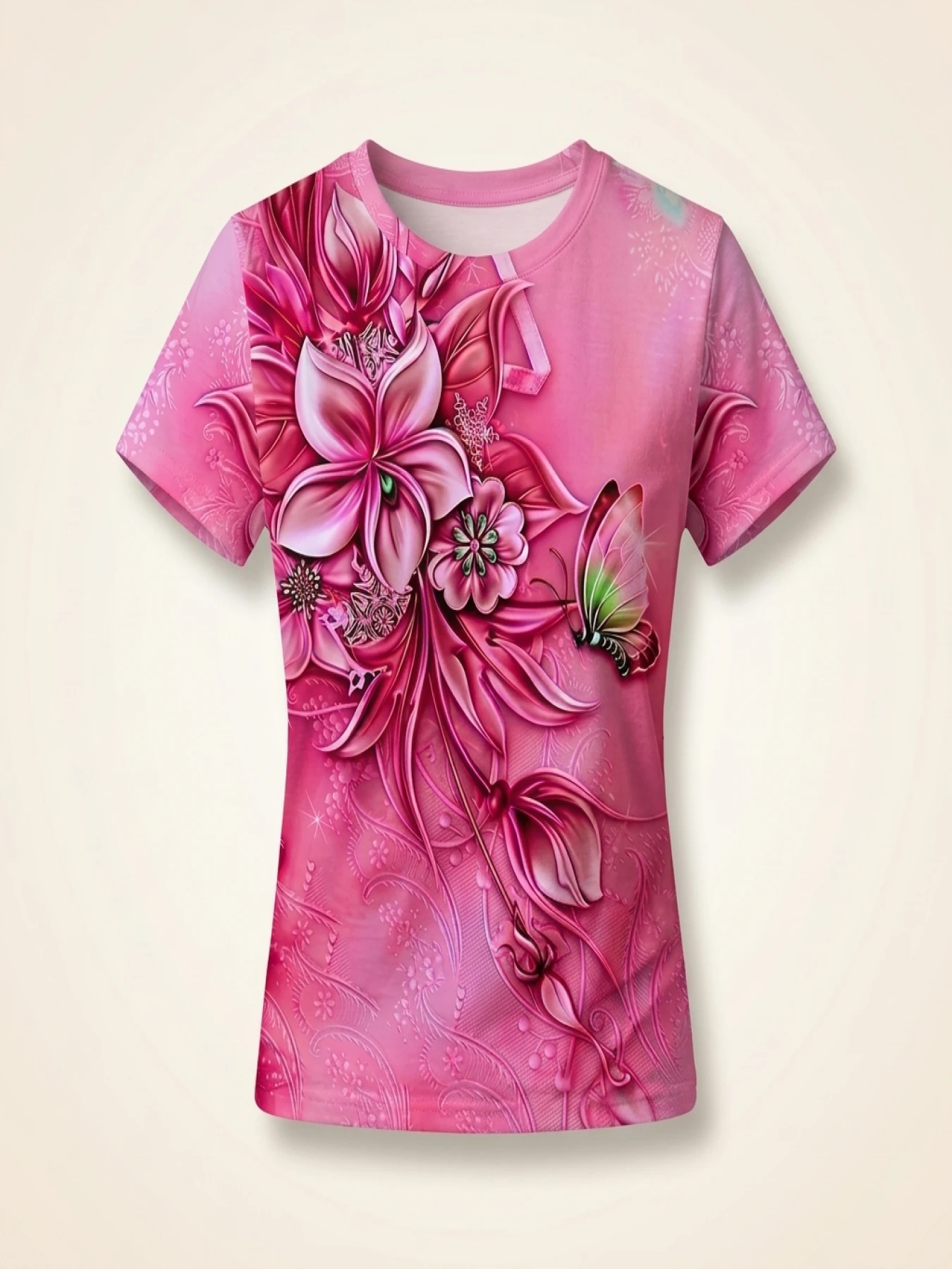 Plus Size Casual T-shirt Women's Plus Floral Print Short Sleeve Round Neck Slight Stretch T-shirt