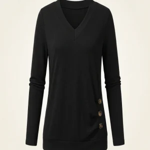 Plus Size Button Decor Ruched T-Shirt, Casual V Neck Long Sleeve Top For Spring & Fall Women's Plus Size Clothing