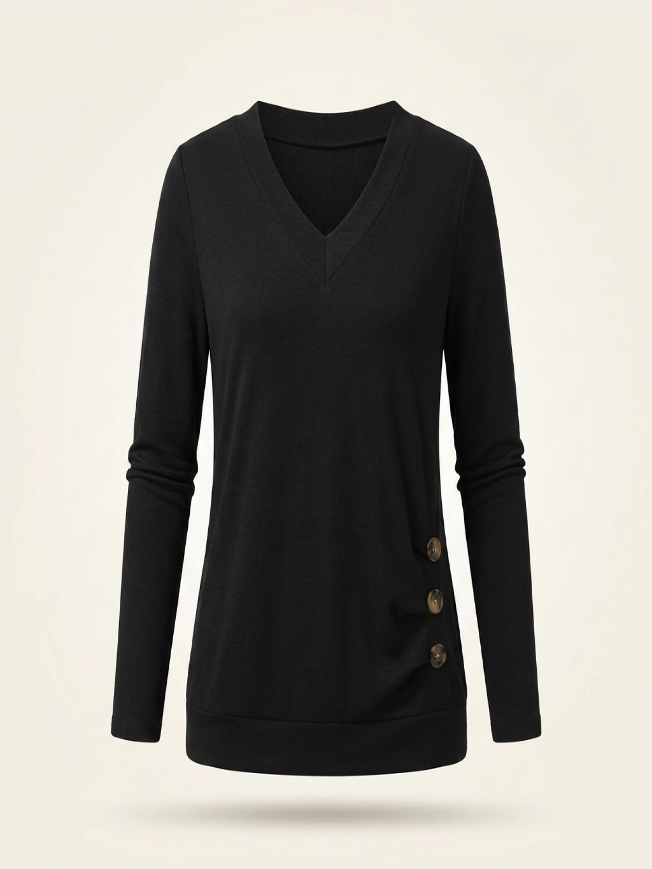 Plus Size Button Decor Ruched T-Shirt, Casual V Neck Long Sleeve Top For Spring & Fall Women's Plus Size Clothing