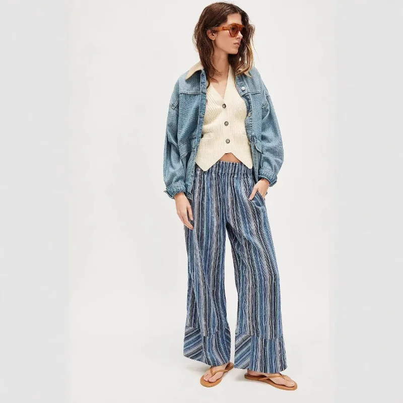 2025 Autumn and Winter New Fashion Women's Wide Leg Trousers Printed Striped Loose-fitting High-waisted Pants - Image 5