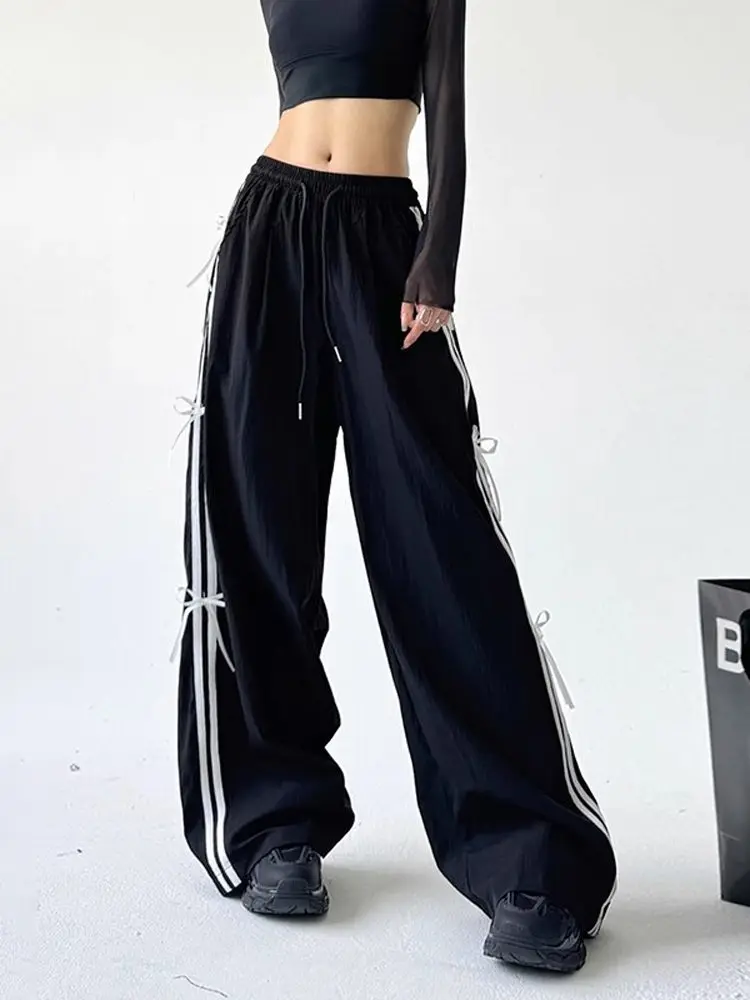 American Retro Side Stripe Knot Dstring Wide Leg Pants Women High Waist Casual Sports Trousers Workwear Straight... - Image 2
