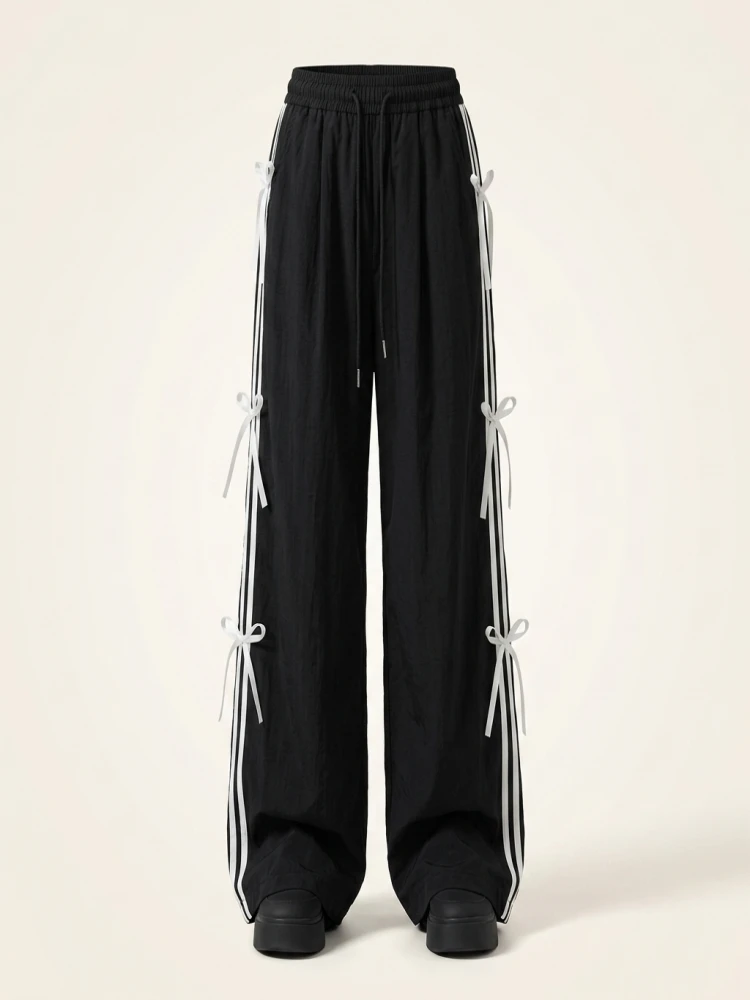 American Retro Side Stripe Knot Dstring Wide Leg Pants Women High Waist Casual Sports Trousers Workwear Straight... - Image 2
