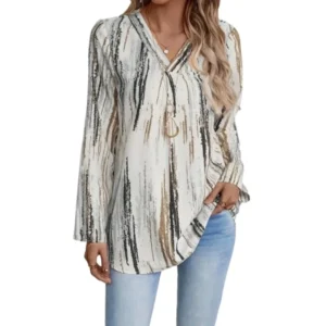 Plus Size Women's Casual New Casual V-neck Printed Fashionable Curved Hem Rolled Sleeve Shirt