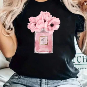 Pink bottle pink flower pattern round neck plus size women T-shirt short sleeve trend printing elastic half sleeve T-shirt