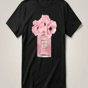 Pink bottle pink flower pattern round neck plus size women T-shirt short sleeve trend printing elastic half sleeve T-shirt
