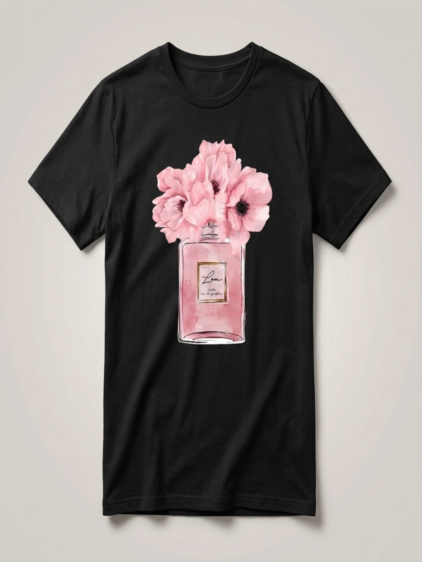 Pink bottle pink flower pattern round neck plus size women T-shirt short sleeve trend printing elastic half sleeve T-shirt