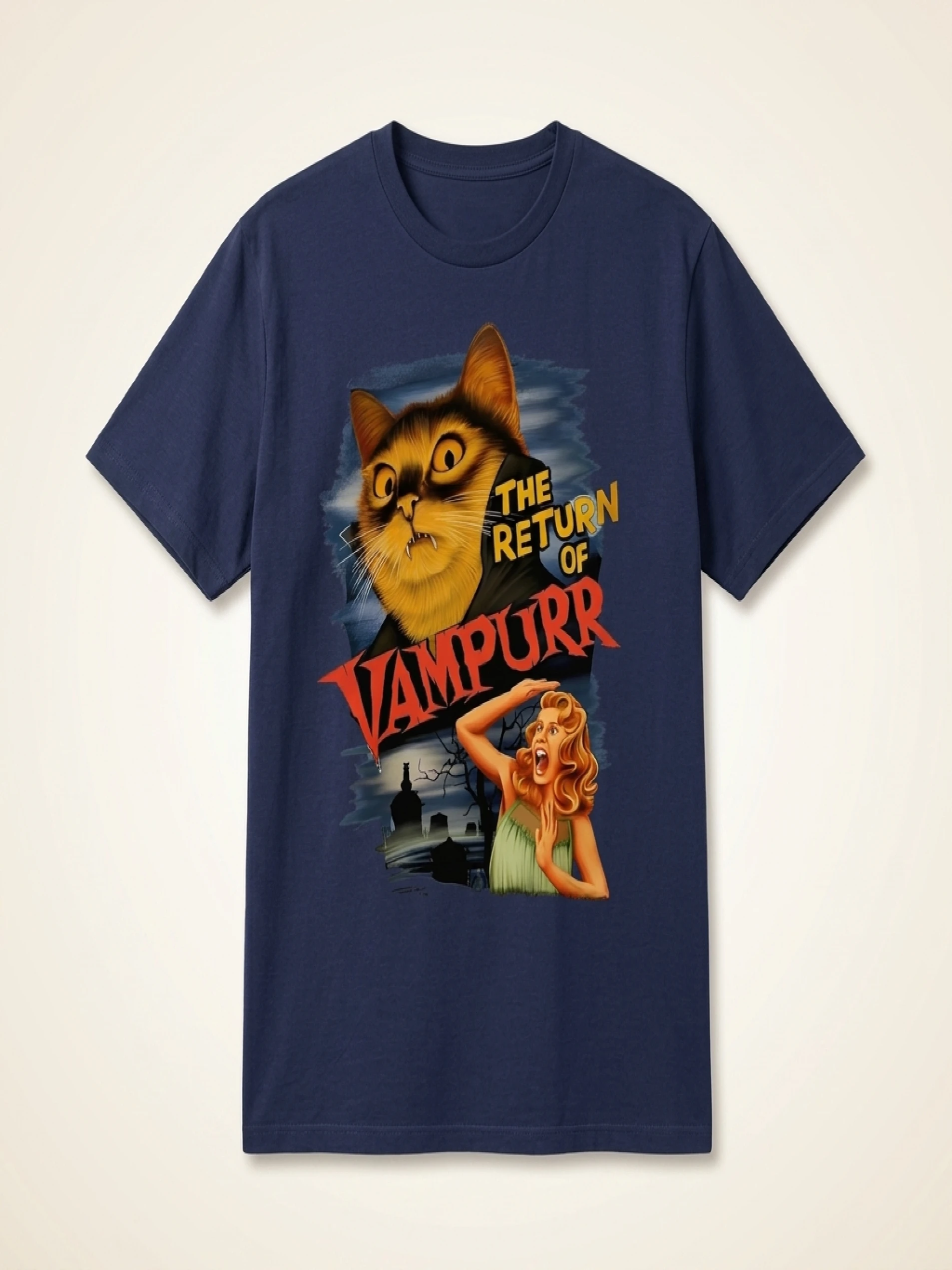 Plus Size Tops Women Clothes Summer Casual Short Sleeve Crew Neck “THE RETURN OF VAMPURR” Cat Vampire Poster Print T-Shirt - Image 6