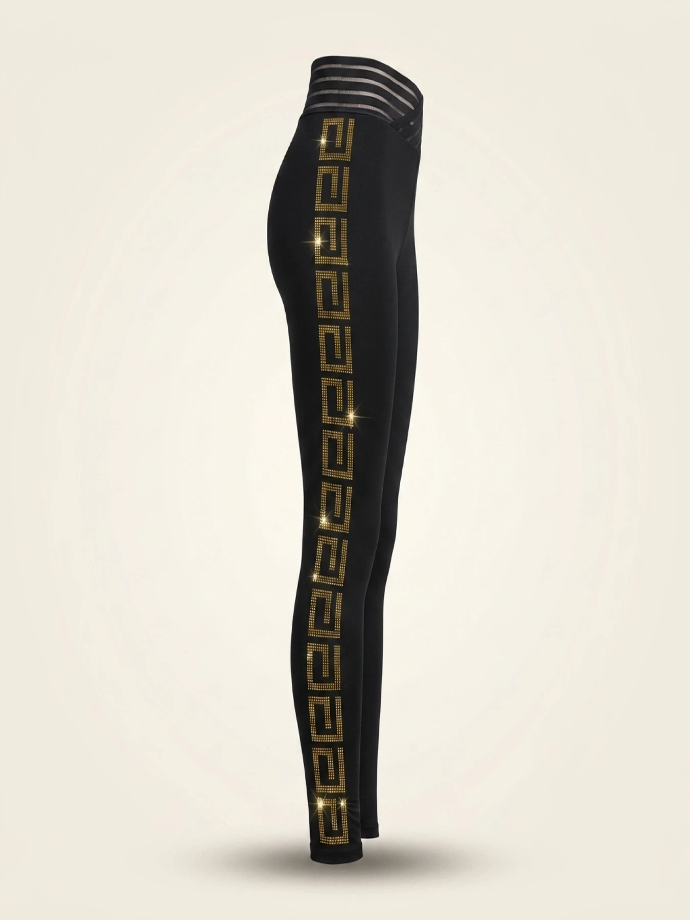 Plus Size Women's Retro Print Pants Gold Rhinestone Knit High Elasticity Leggings Fashionable Bottoms Curve Female Trousers