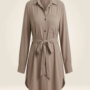Plus Size Solid Belted Button Front Shirt, Elegant Curved Hem Long Sleeve Shirt For Spring & Fall, Women's Plus Size Clothing