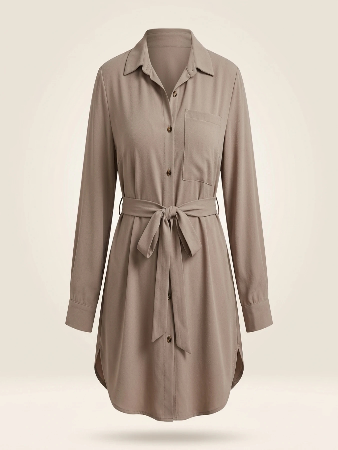 Plus Size Solid Belted Button Front Shirt, Elegant Curved Hem Long Sleeve Shirt For Spring & Fall, Women's Plus Size Clothing