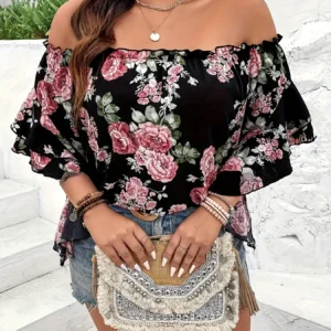 Plus Size Summer Women Elegant Chiffon Shirt Floral Print Off the Shoulder Tops Ruffle Sleeve Curve Clothing