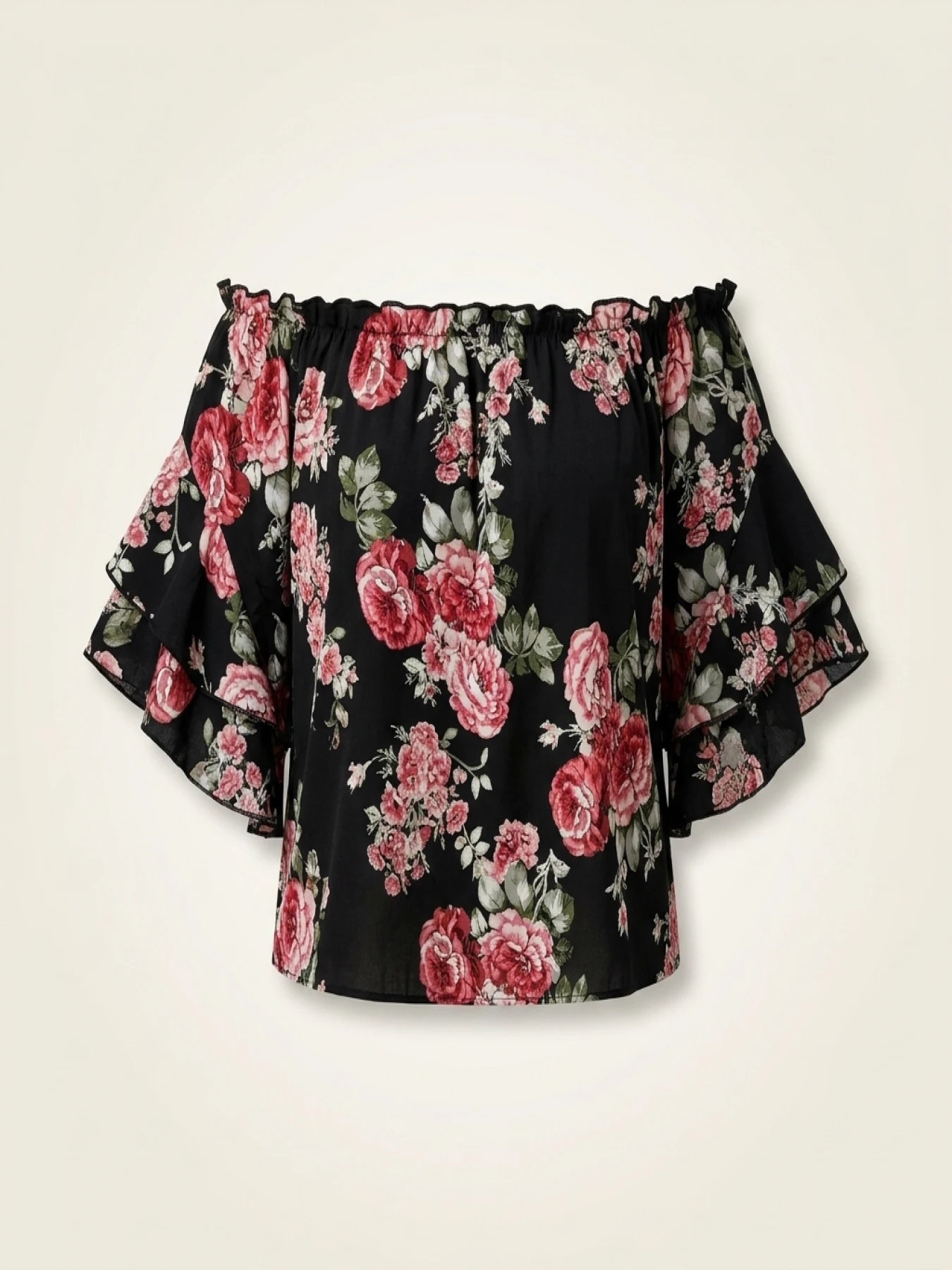 Plus Size Summer Women Elegant Chiffon Shirt Floral Print Off the Shoulder Tops Ruffle Sleeve Curve Clothing