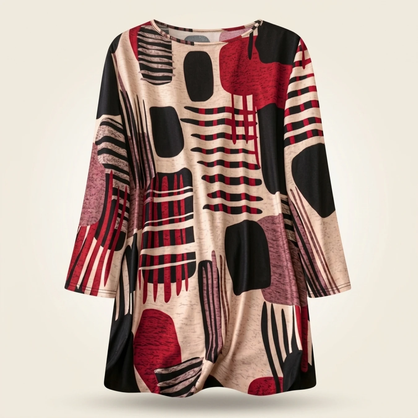 Plus Size Women's Abstract Print Loose Fit Long Sleeve T-Shirt - Round Neck Casual Top with Stretchy Fabric, Machine Washable fo - Image 2