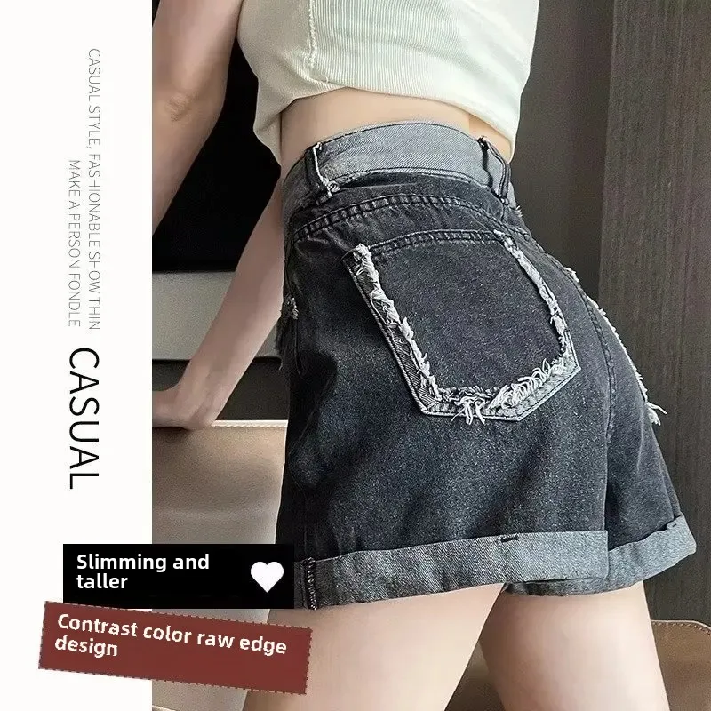 2024 Summer New Style Spicy Girl Fashion Denim Shorts Women's Casual Bell Bottoms Curved Edge Fringe Back Pocket Sexy Hot Pants - Image 2