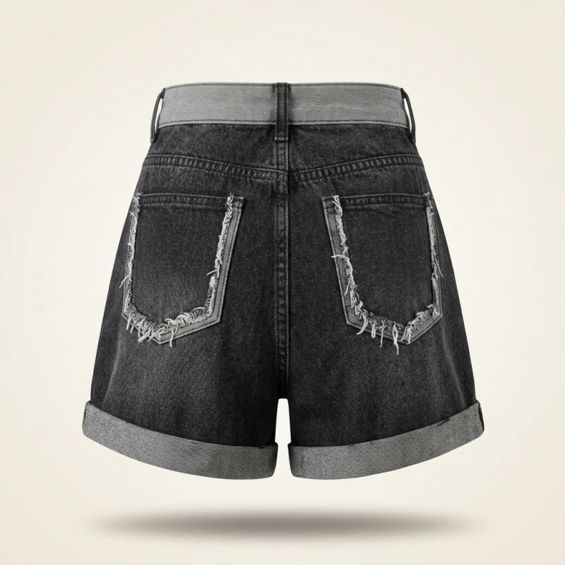 2024 Summer New Style Spicy Girl Fashion Denim Shorts Women's Casual Bell Bottoms Curved Edge Fringe Back Pocket Sexy Hot Pants - Image 2
