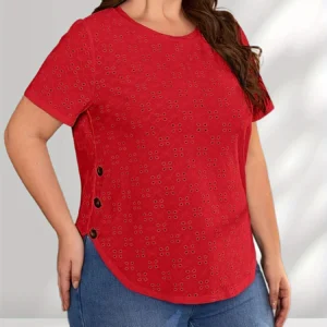 Fashion Women's Plus Size 1XL-5XL Hollow Short Sleeve T-shirt Casual Loose Button Detail Curved Hem T-shirt Round Neck T-shirt