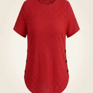 Fashion Women's Plus Size 1XL-5XL Hollow Short Sleeve T-shirt Casual Loose Button Detail Curved Hem T-shirt Round Neck T-shirt