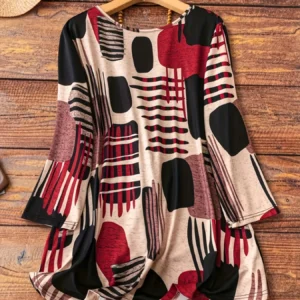 Plus Size Women's Abstract Print Loose Fit Long Sleeve T-Shirt - Round Neck Casual Top with Stretchy Fabric, Machine Washable fo