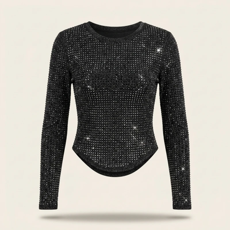 Fat people oversized wear 300 catties fashion rhinestone diamond bright silk curved edge women's long-sleeved T-shirt - Image 2
