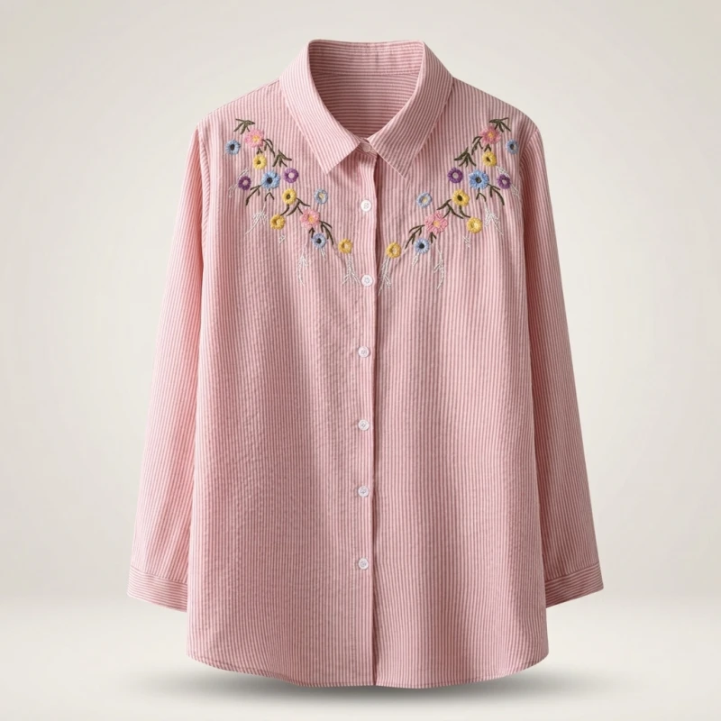 4XL Plus Size Shirts Women Spring Chest Embroidery Flower Tops Loose Long Sleeve Cotton Blouses Curve Clothes