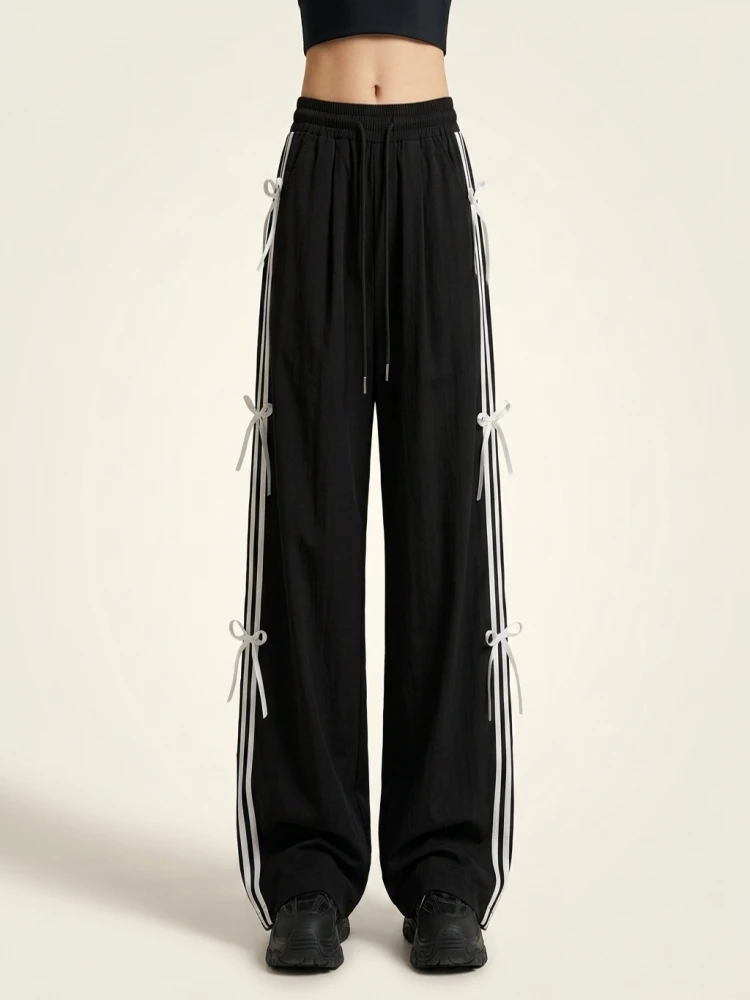 American Retro Side Stripe Knot Dstring Wide Leg Pants Women High Waist Casual Sports Trousers Workwear Straight... - Image 4