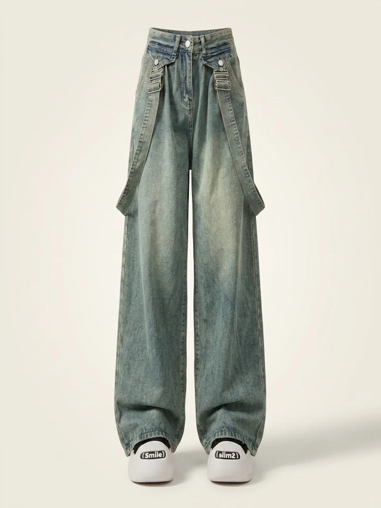 Retro American Vibe Women's Wide Leg Jeans Cargo Pants High Waist Long Trousers Dual Wear Harn Loose Fit Spring Design