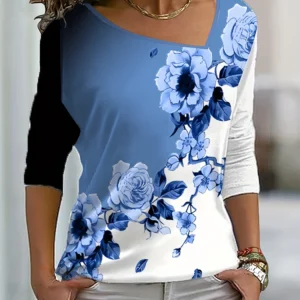 Plus Size 2024 Summer New Women's Printed Pattern Slash Neck Long Sleeve T-Shirt Loose Casual Polyester 3XL-5XL