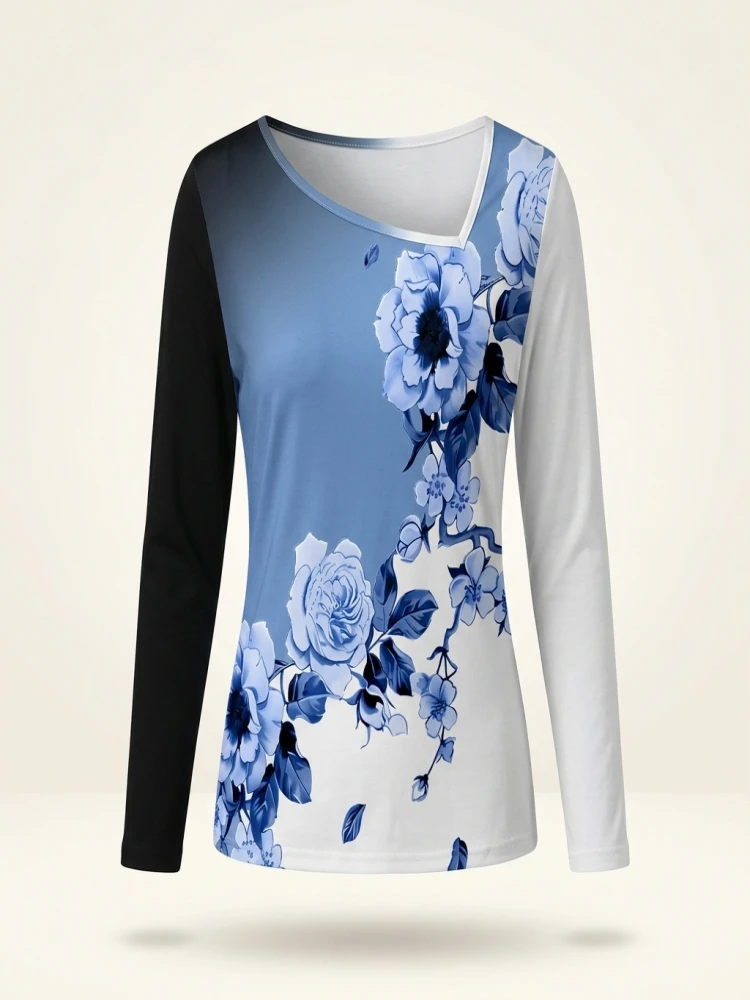Plus Size 2024 Summer New Women's Printed Pattern Slash Neck Long Sleeve T-Shirt Loose Casual Polyester 3XL-5XL