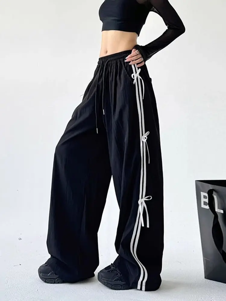 American Retro Side Stripe Knot Dstring Wide Leg Pants Women High Waist Casual Sports Trousers Workwear Straight... - Image 5