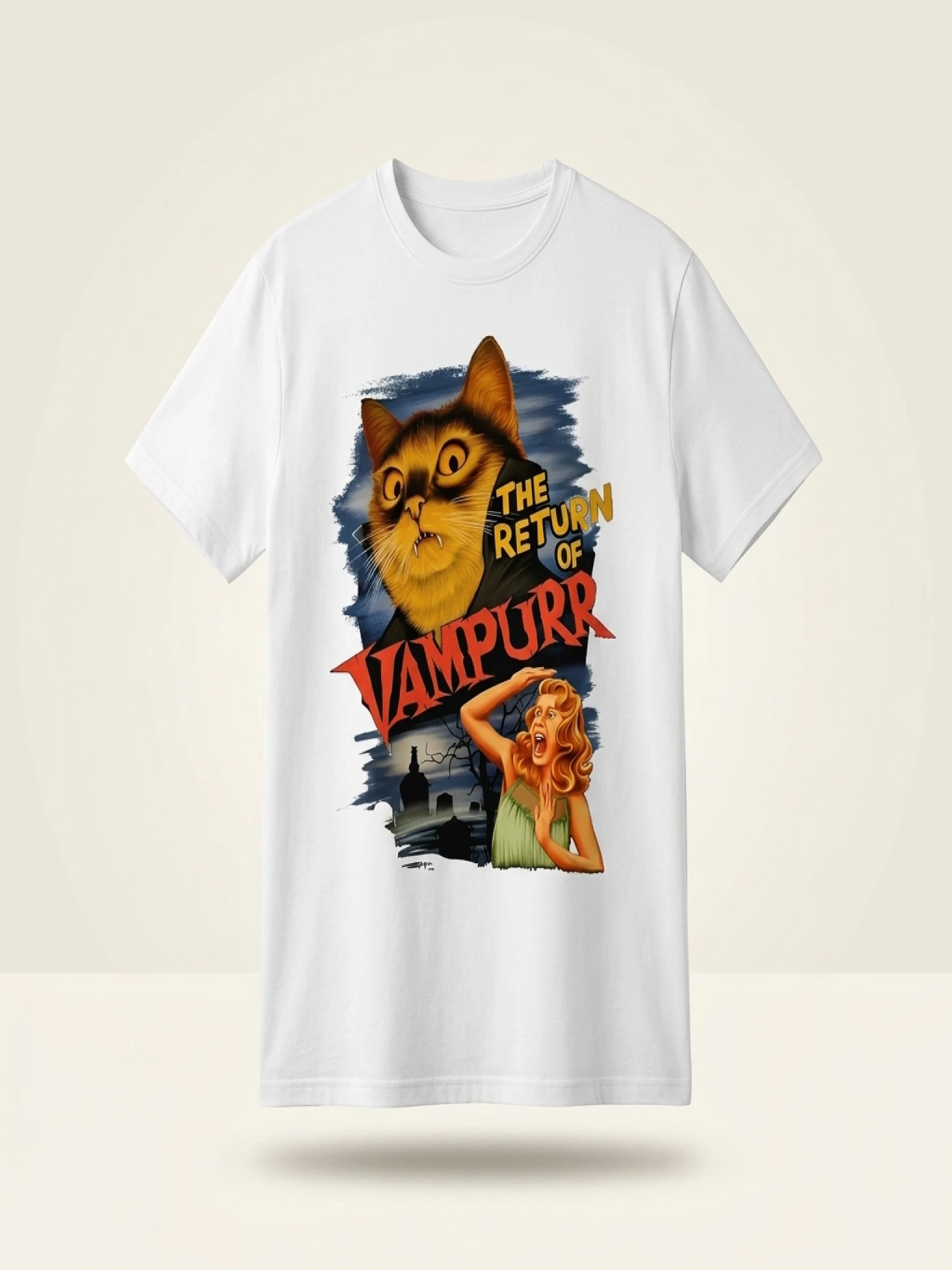 Plus Size Tops Women Clothes Summer Casual Short Sleeve Crew Neck “THE RETURN OF VAMPURR” Cat Vampire Poster Print T-Shirt - Image 2