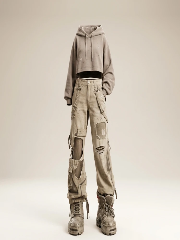Retro American Vibe Women's Wide Leg Jeans Cargo Pants High Waist Long Trousers Dual Wear Harn Loose Fit Spring Design - Image 4