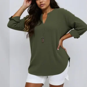 Plus Size Women's Casual Tops Loose Breathable Long Sleeve Stand Collar Female T-shirt Polyester Fashion Apparel V-neck Clothing
