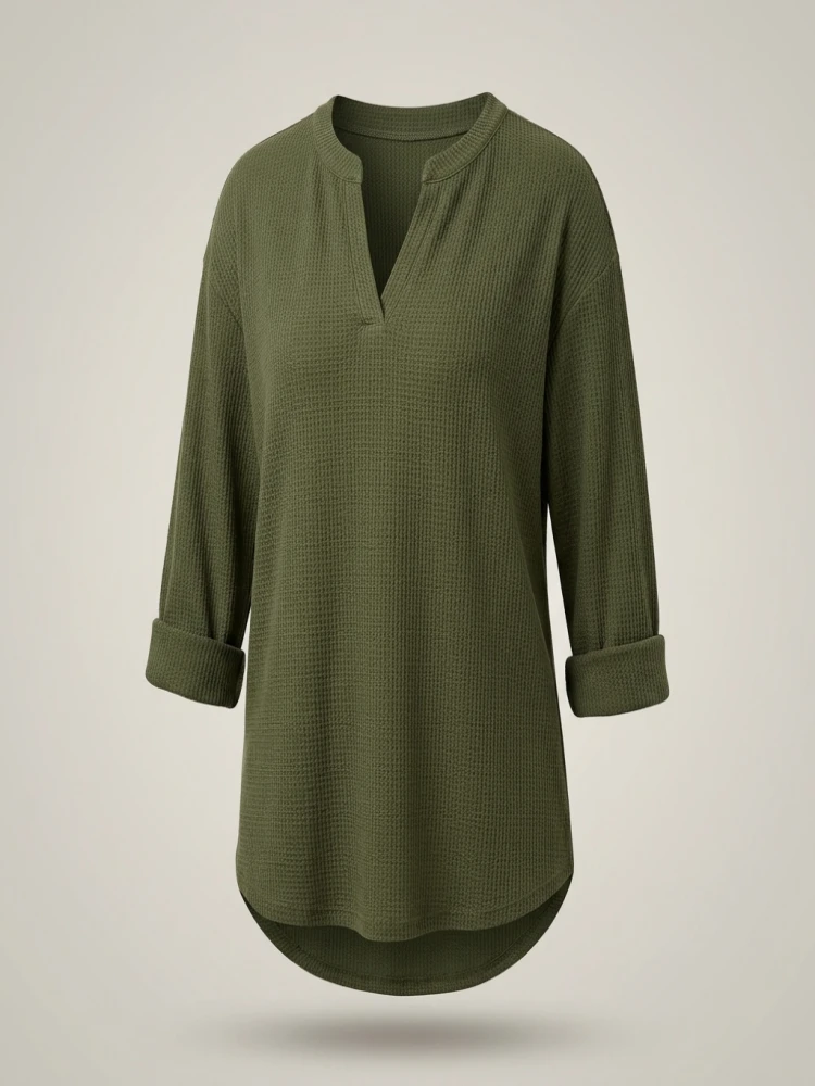 Plus Size Women's Casual Tops Loose Breathable Long Sleeve Stand Collar Female T-shirt Polyester Fashion Apparel V-neck Clothing