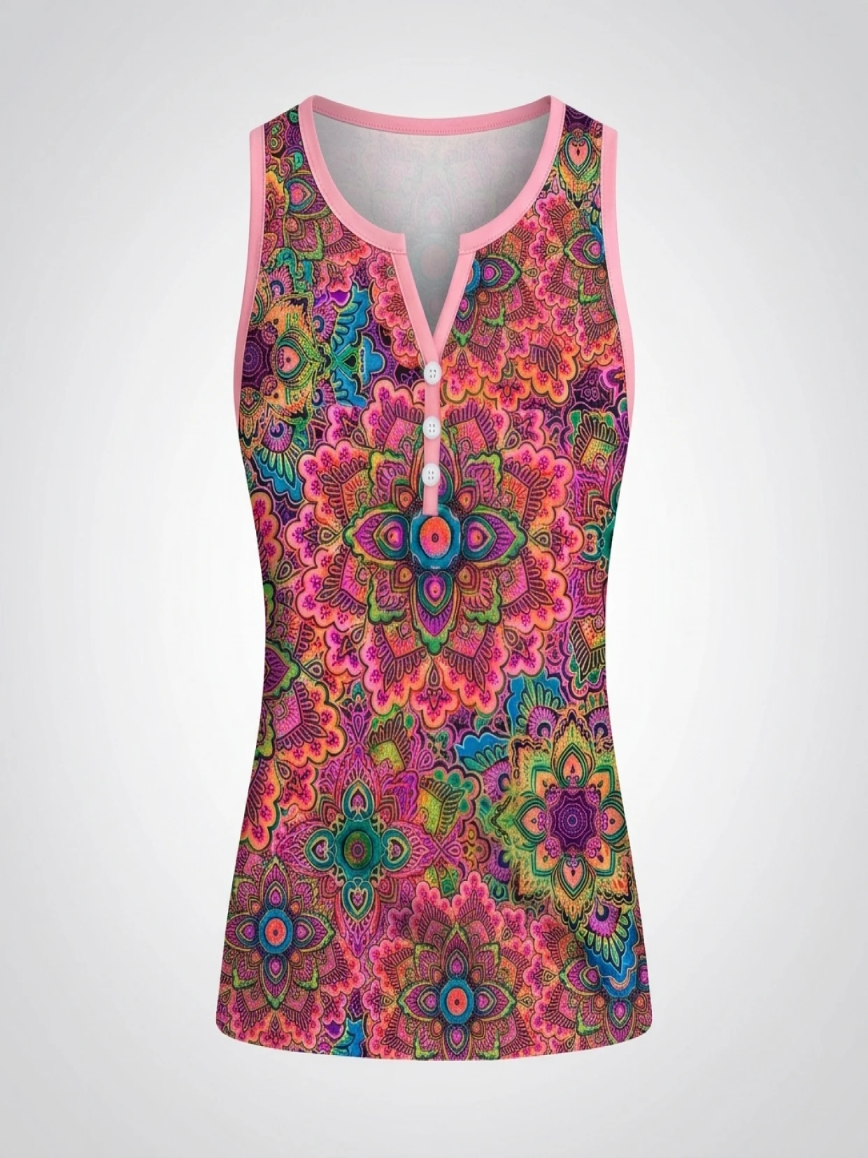 Boho Print Plus Size Women's V-Neck Button Vest - Elegant Ethnic Chic Casual Wear