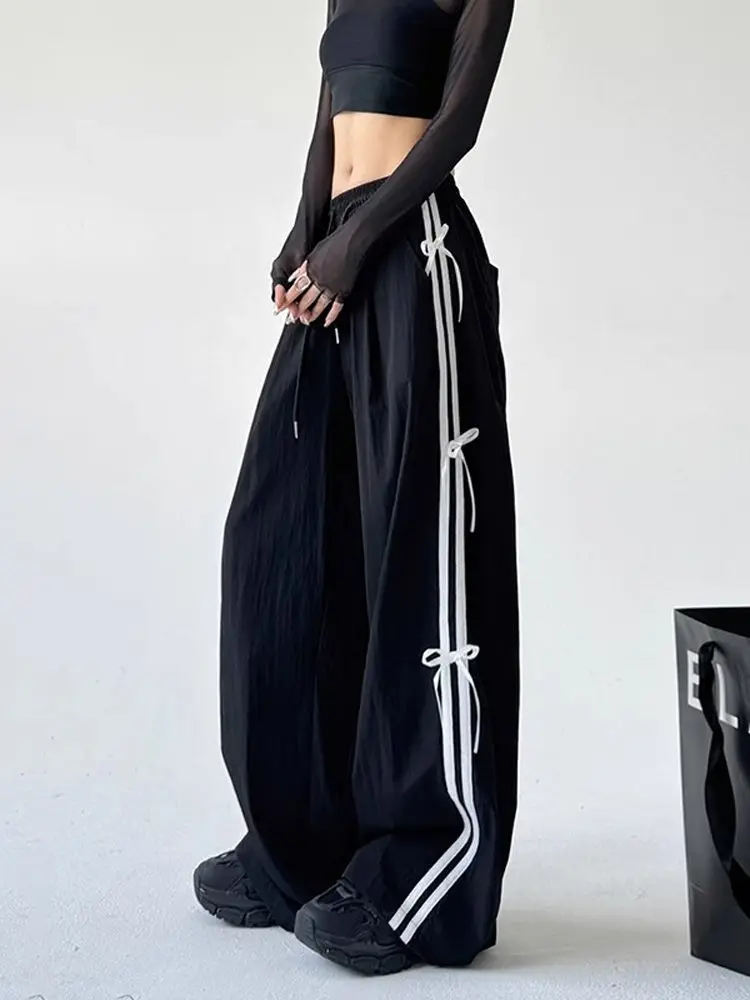 American Retro Side Stripe Knot Dstring Wide Leg Pants Women High Waist Casual Sports Trousers Workwear Straight... - Image 3